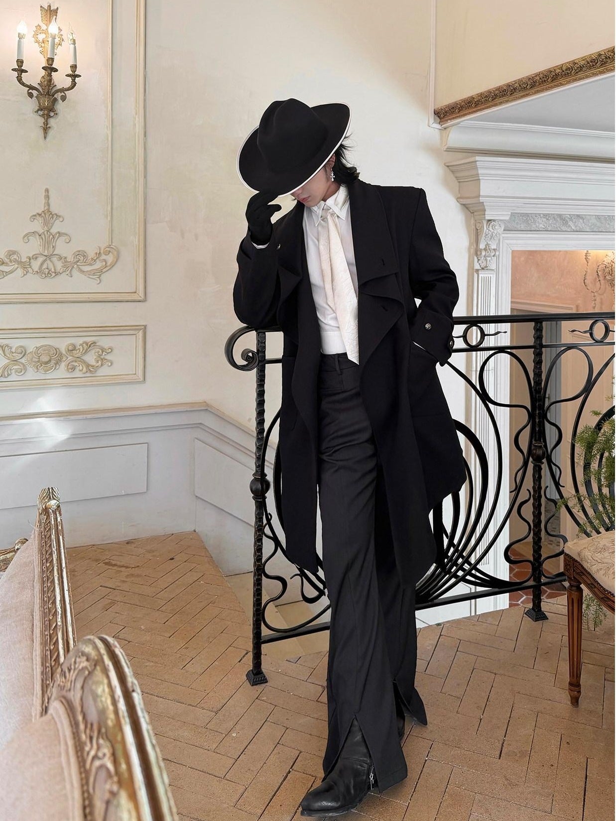BALITONE Hand Painted Tie Waist Loose Fit Angled Hem Mens Polycotton Mid Length Overcoats