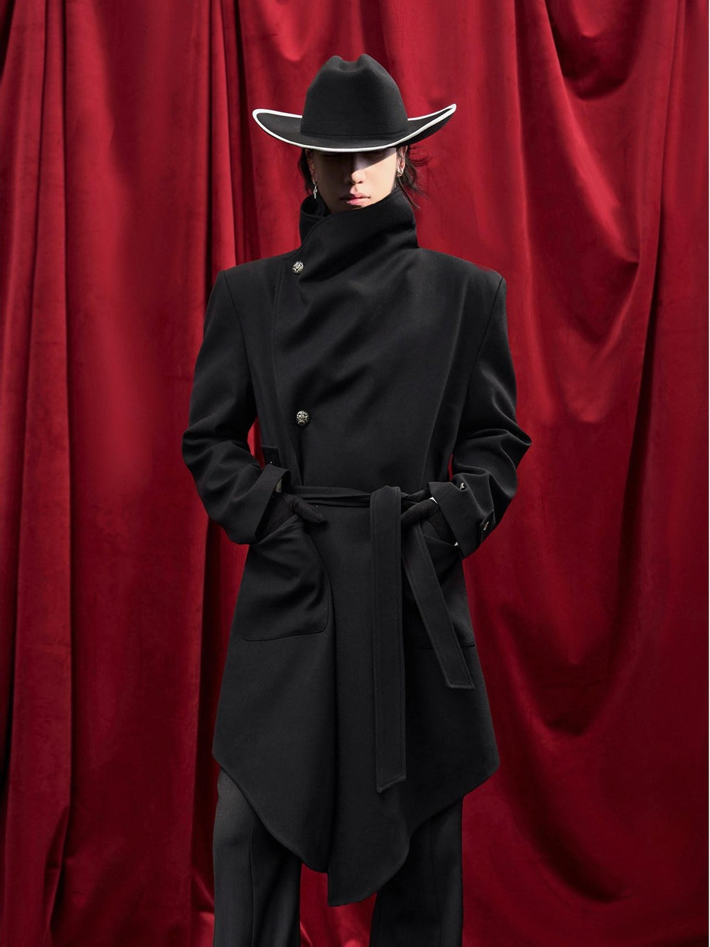 BALITONE Hand Painted Tie Waist Loose Fit Angled Hem Mens Polycotton Mid Length Overcoats