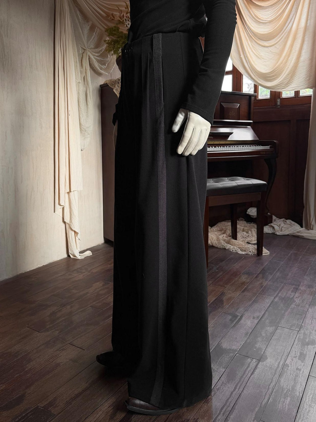 BALITONE High Waist Wrinkle Free Loose Japanese Vintage Poly Stretch Wide-Leg Trousers