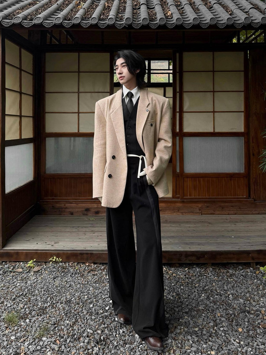 BALITONE High Waist Wrinkle Free Loose Japanese Vintage Poly Stretch Wide-Leg Trousers