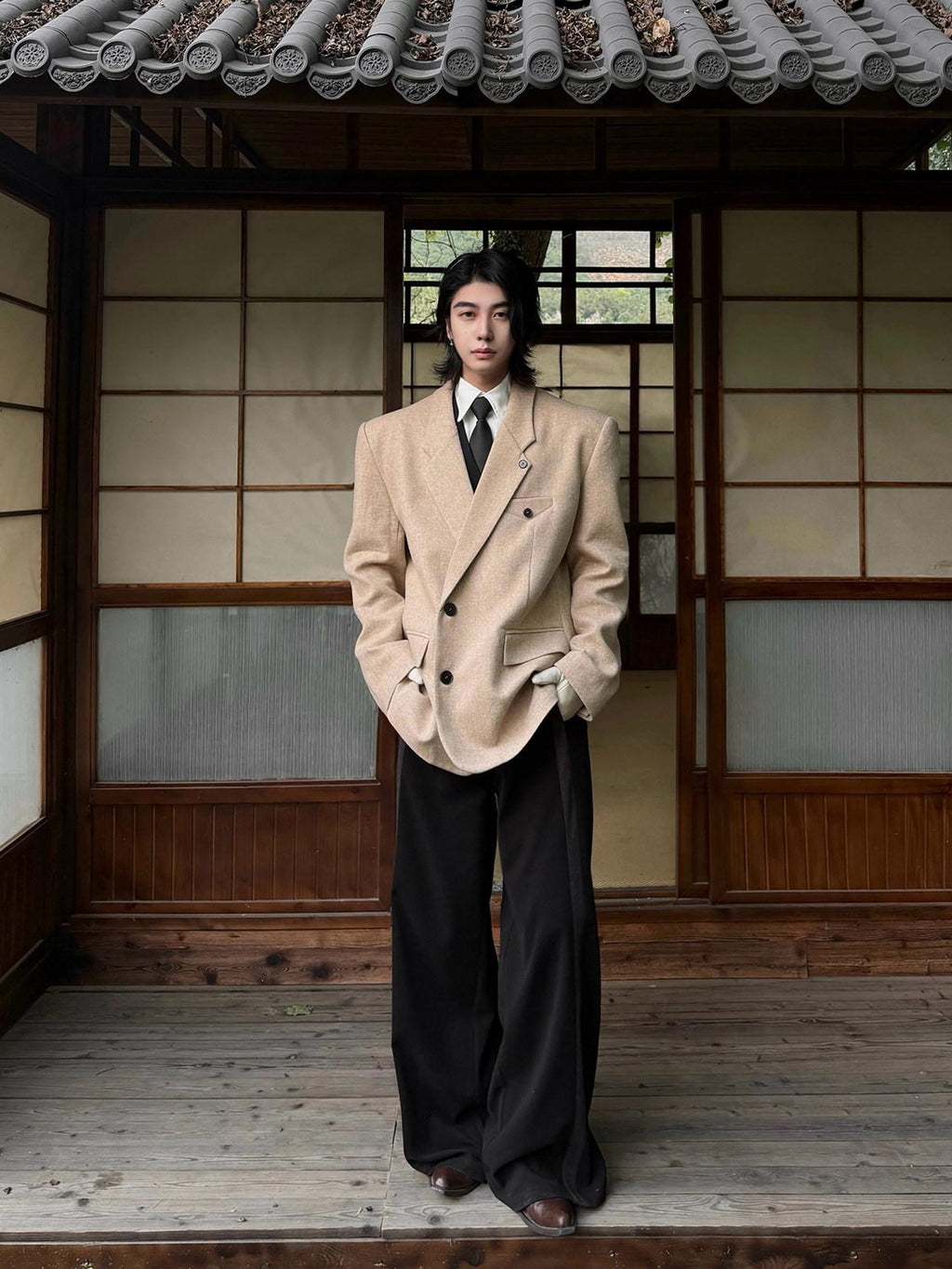 BALITONE High Waist Wrinkle Free Loose Japanese Vintage Poly Stretch Wide-Leg Trousers