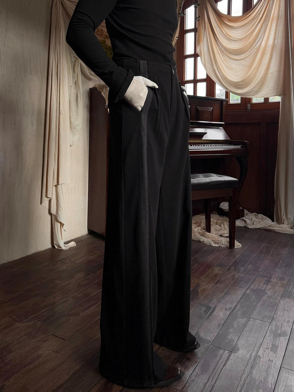 BALITONE High Waist Wrinkle Free Loose Japanese Vintage Poly Stretch Wide-Leg Trousers