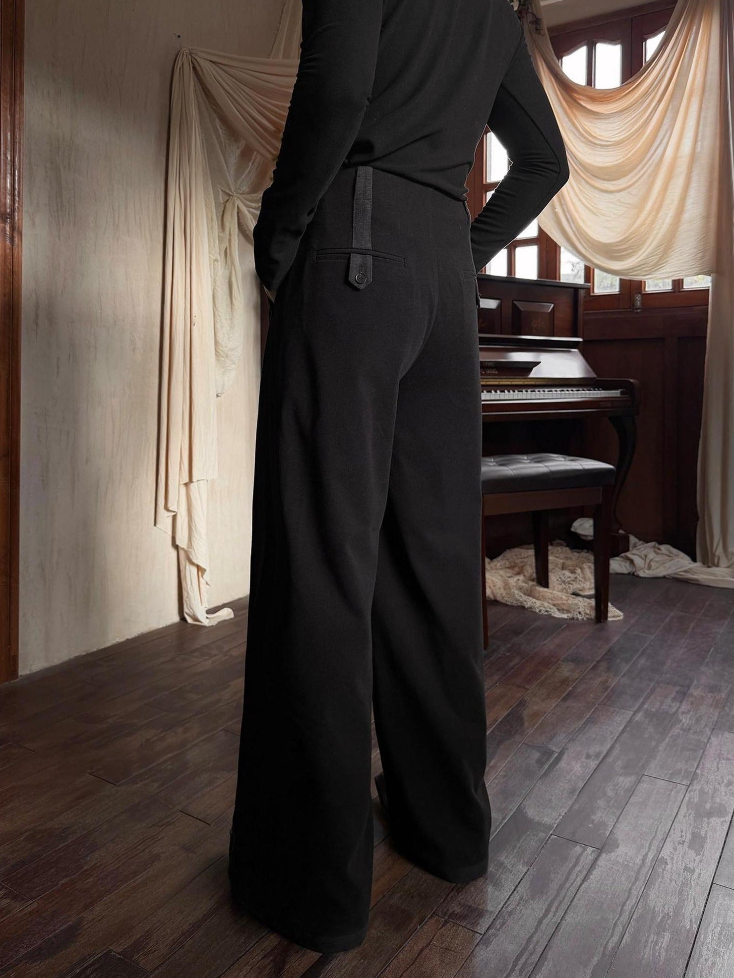 BALITONE High Waist Wrinkle Free Loose Japanese Vintage Poly Stretch Wide-Leg Trousers