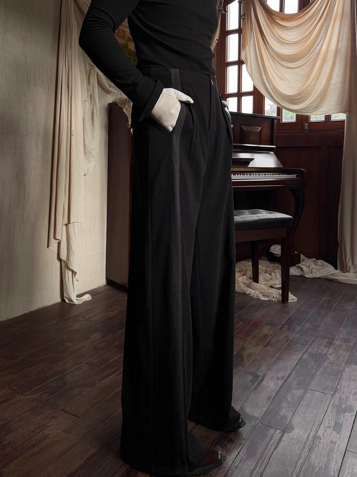 BALITONE High Waist Wrinkle Free Loose Japanese Vintage Poly Stretch Wide-Leg Trousers