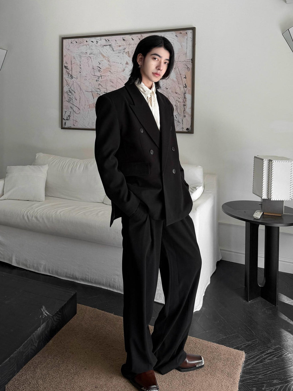 BALITONE Non Iron Breathable Double Breasted Relaxed Fit Unisex Black Oversized Blazers