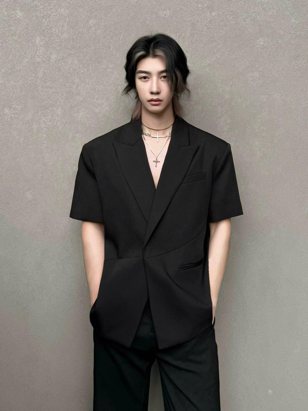 BALITONE Non Iron Colorblock Relaxed Notch Lapel Black Polyester Short Sleeve Shirts