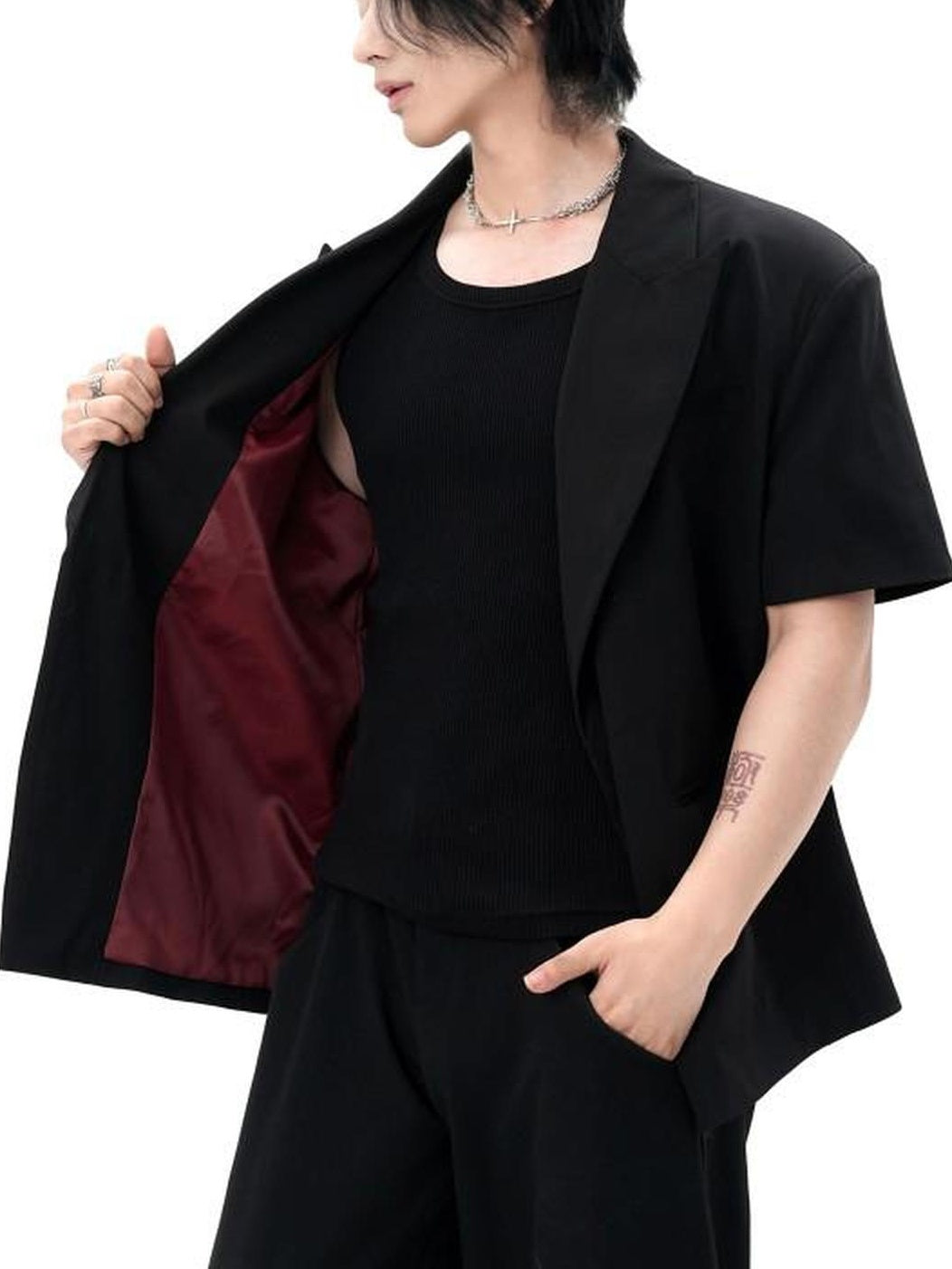 BALITONE Non Iron Colorblock Relaxed Notch Lapel Black Polyester Short Sleeve Shirts