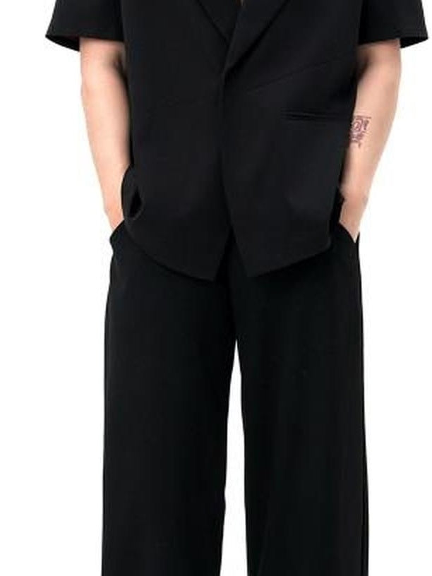 BALITONE Non Iron Colorblock Relaxed Notch Lapel Black Polyester Short Sleeve Shirts