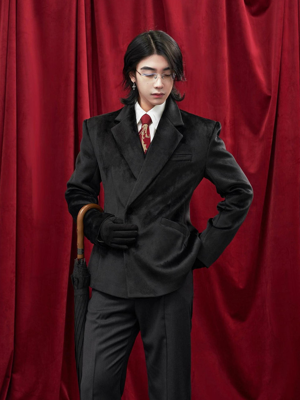 BALITONE Non Iron Elegant Tapered Button Detail Unisex Kids Black Velvet Blazers