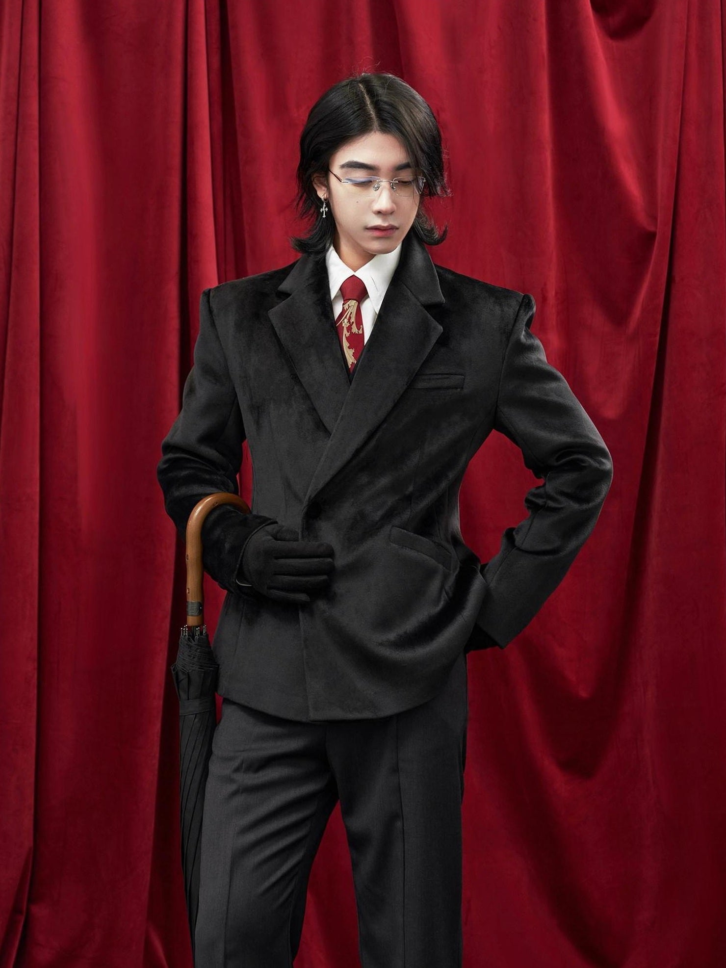 BALITONE Non Iron Elegant Tapered Button Detail Unisex Kids Black Velvet Blazers