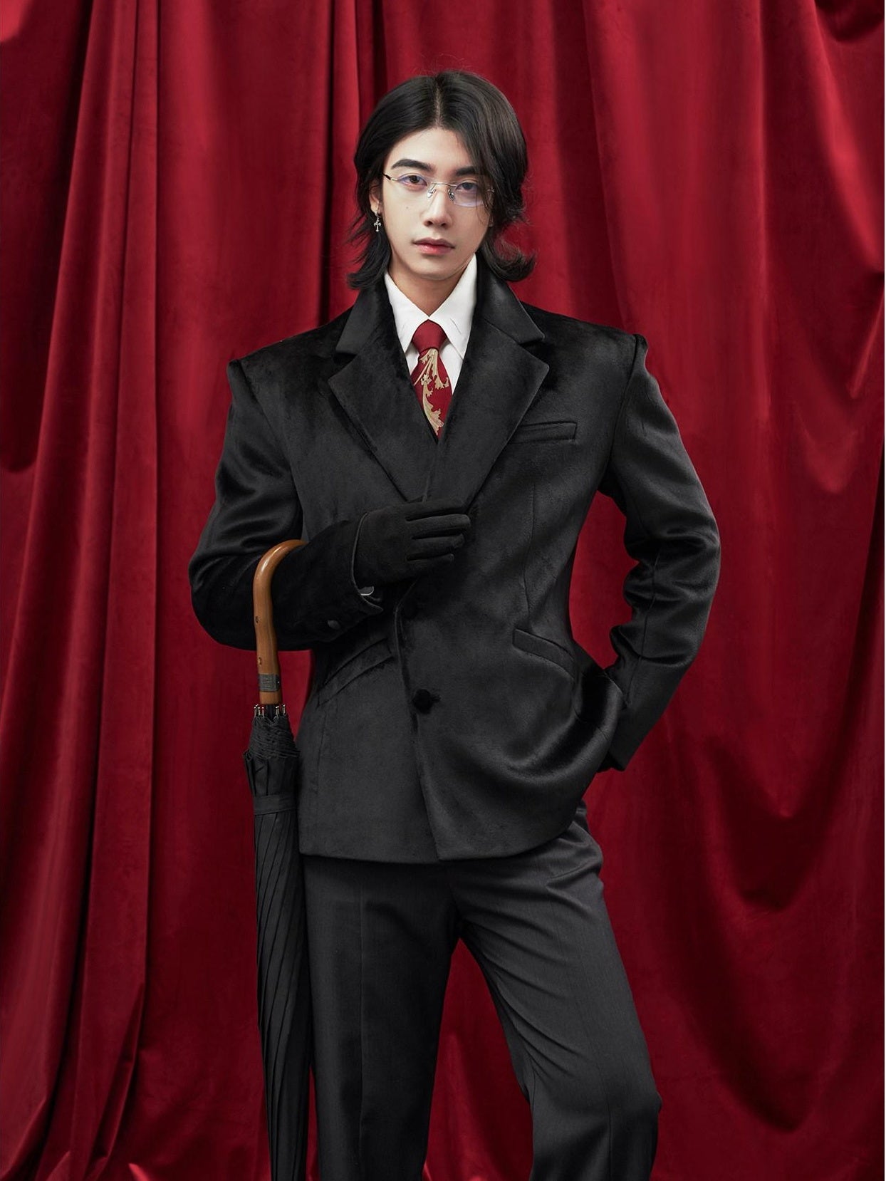 BALITONE Non Iron Elegant Tapered Button Detail Unisex Kids Black Velvet Blazers