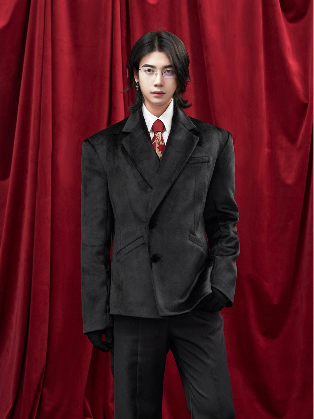 BALITONE Non Iron Elegant Tapered Button Detail Unisex Kids Black Velvet Blazers
