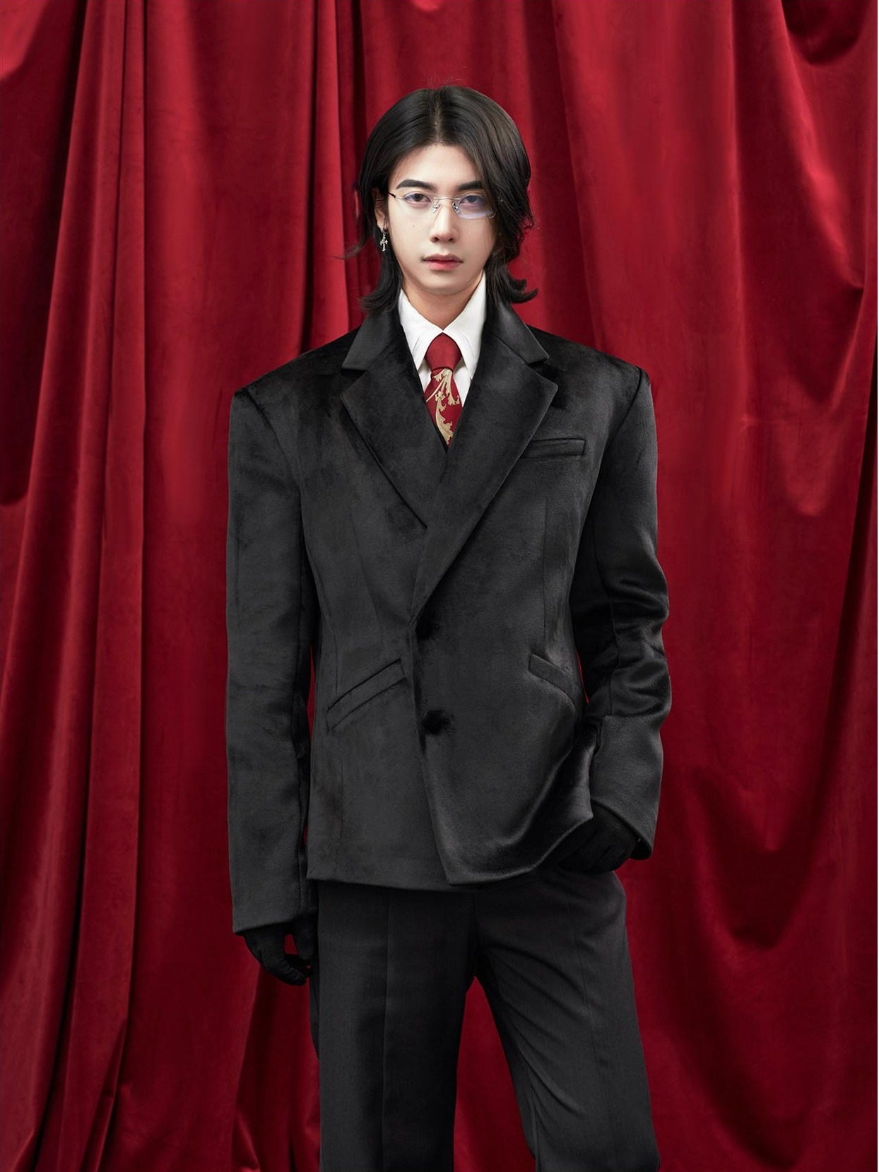 BALITONE Non Iron Elegant Tapered Button Detail Unisex Kids Black Velvet Blazers