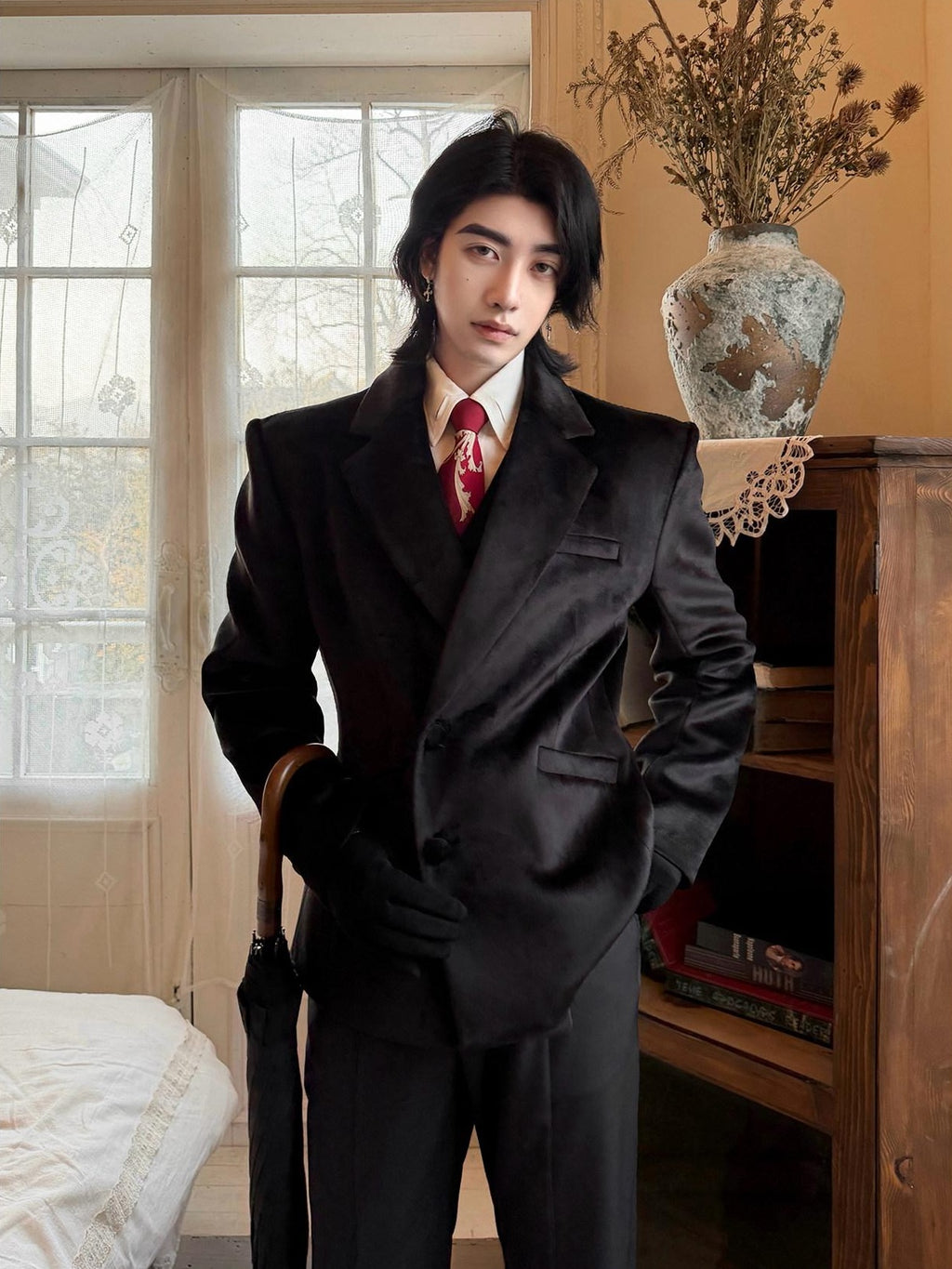 BALITONE Non Iron Elegant Tapered Button Detail Unisex Kids Black Velvet Blazers