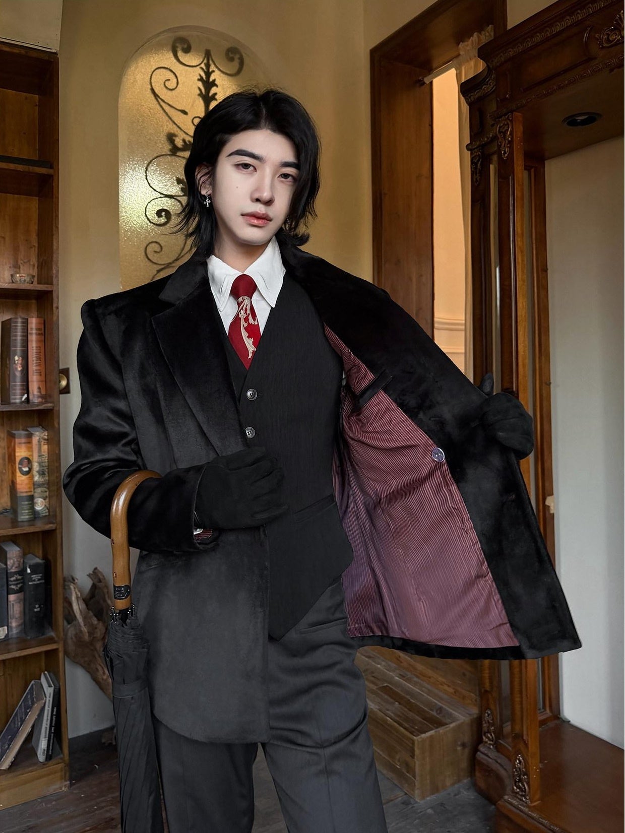 BALITONE Non Iron Elegant Tapered Button Detail Unisex Kids Black Velvet Blazers