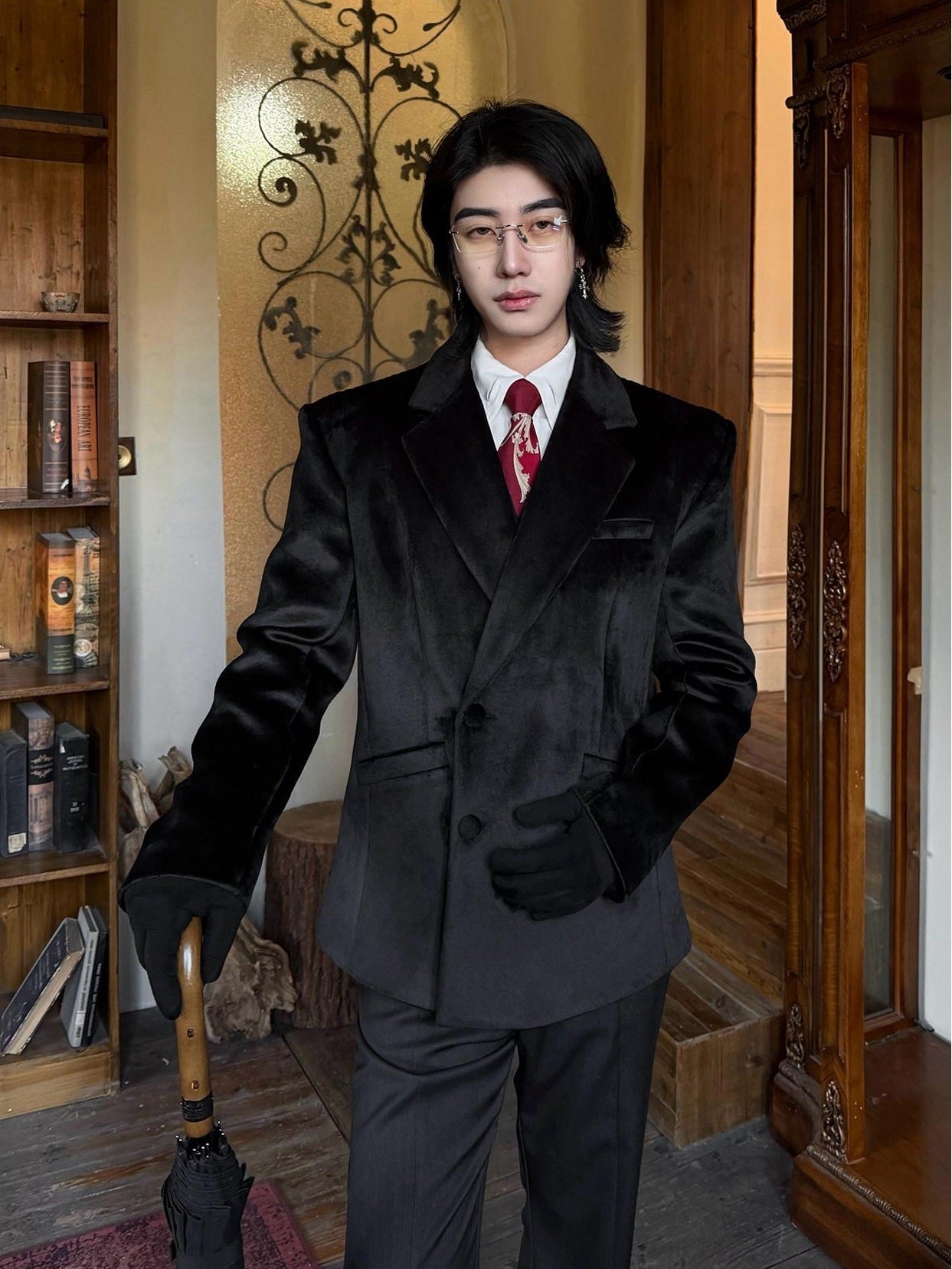 BALITONE Non Iron Elegant Tapered Button Detail Unisex Kids Black Velvet Blazers