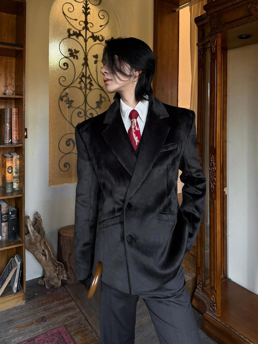 BALITONE Non Iron Elegant Tapered Button Detail Unisex Kids Black Velvet Blazers