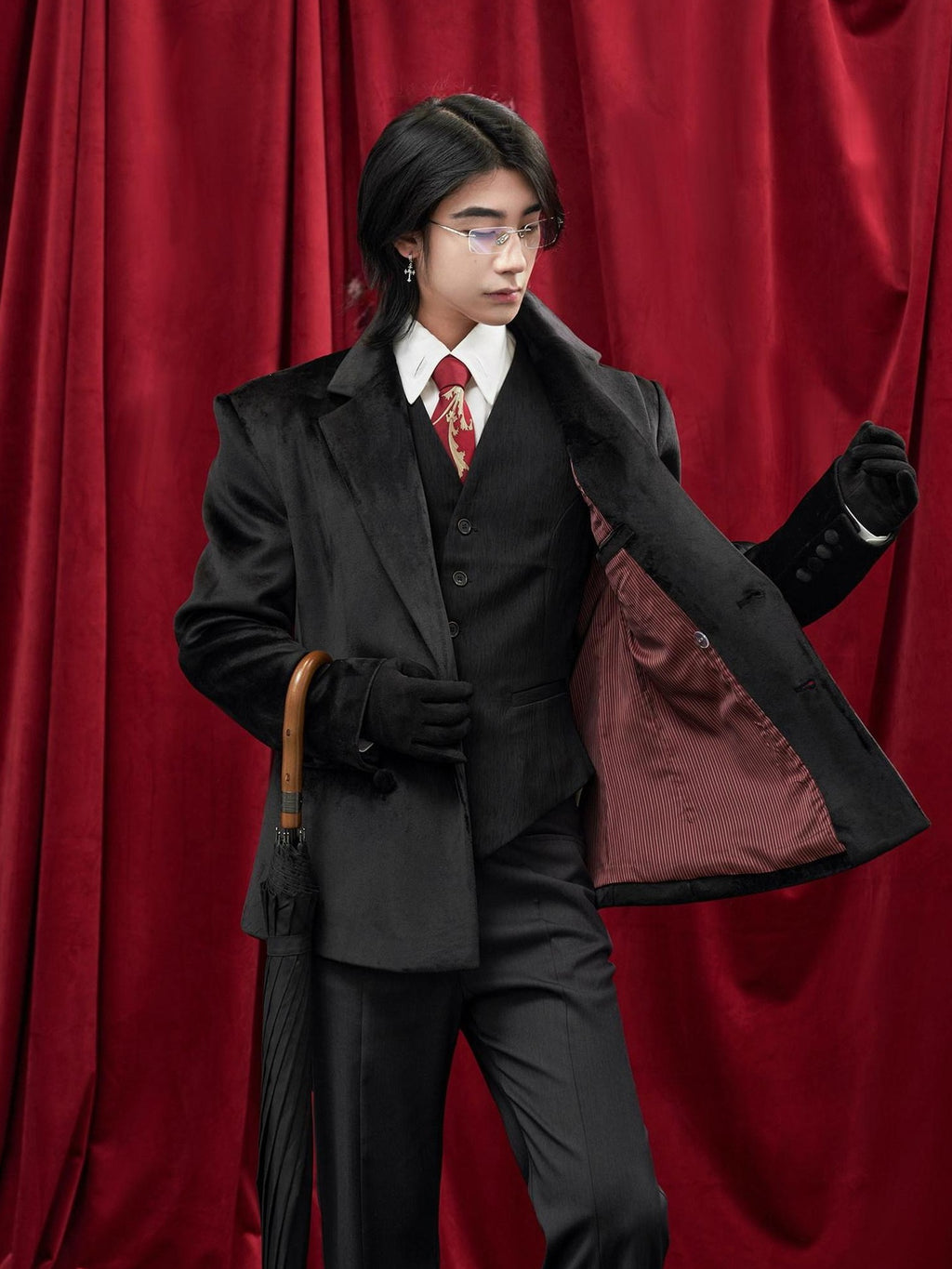 BALITONE Non Iron Elegant Tapered Button Detail Unisex Kids Black Velvet Blazers
