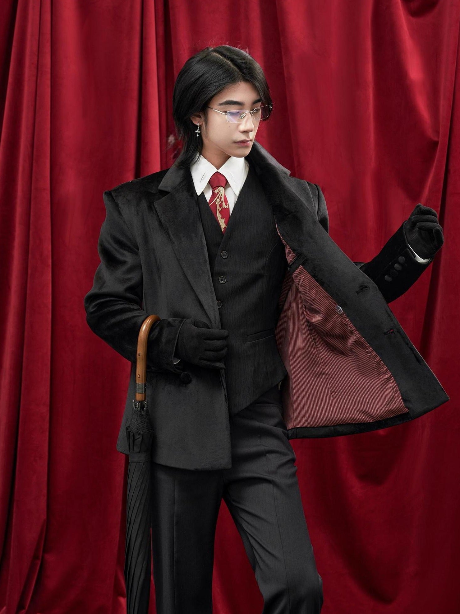 BALITONE Non Iron Elegant Tapered Button Detail Unisex Kids Black Velvet Blazers