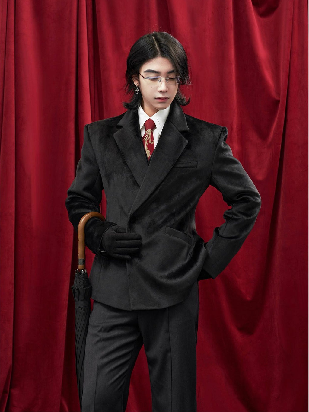 BALITONE Non Iron Elegant Tapered Button Detail Unisex Kids Black Velvet Blazers