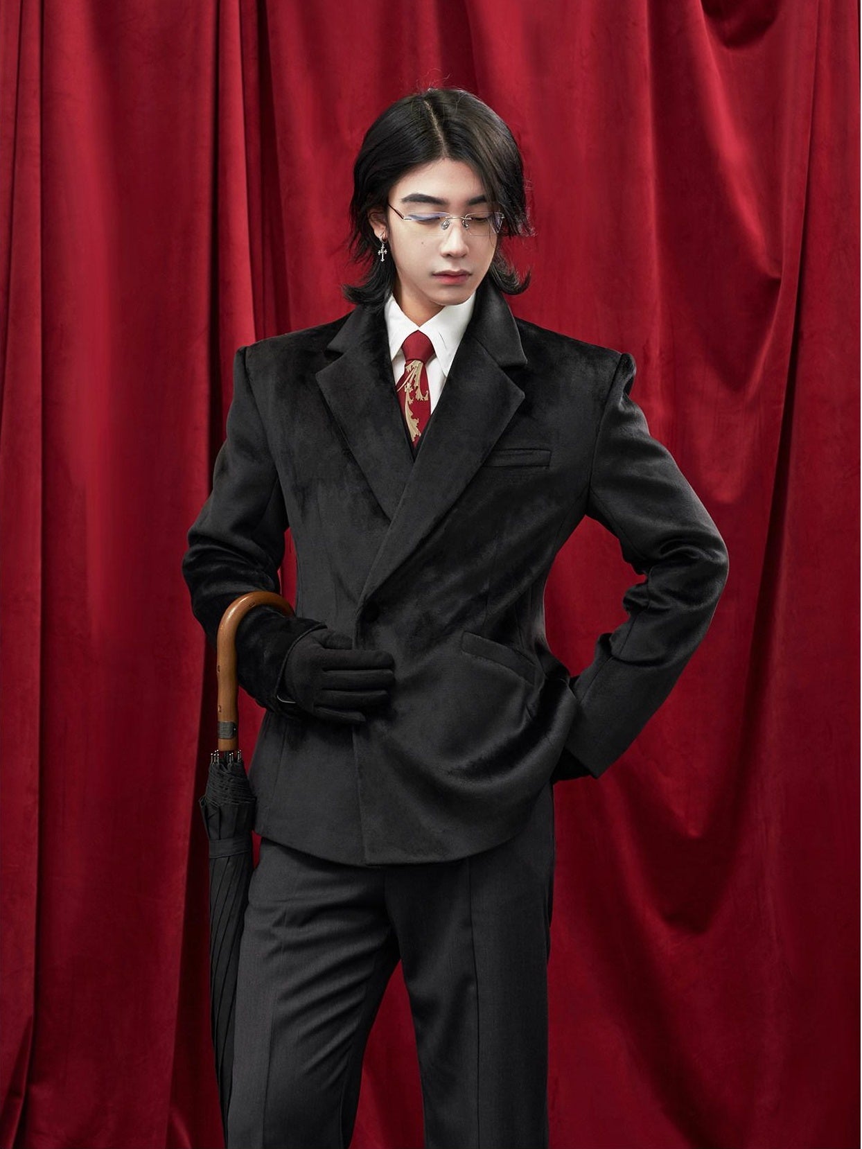 BALITONE Non Iron Elegant Tapered Button Detail Unisex Kids Black Velvet Blazers
