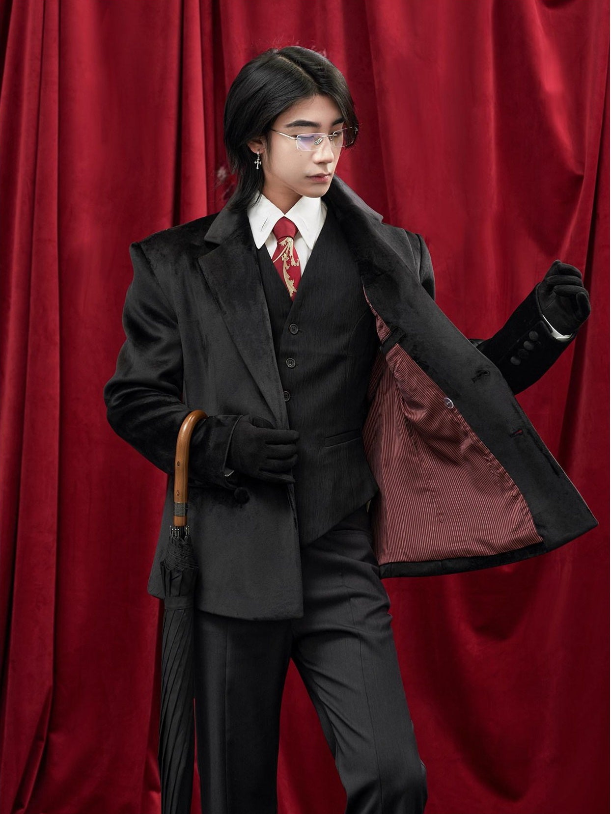 BALITONE Non Iron Elegant Tapered Button Detail Unisex Kids Black Velvet Blazers