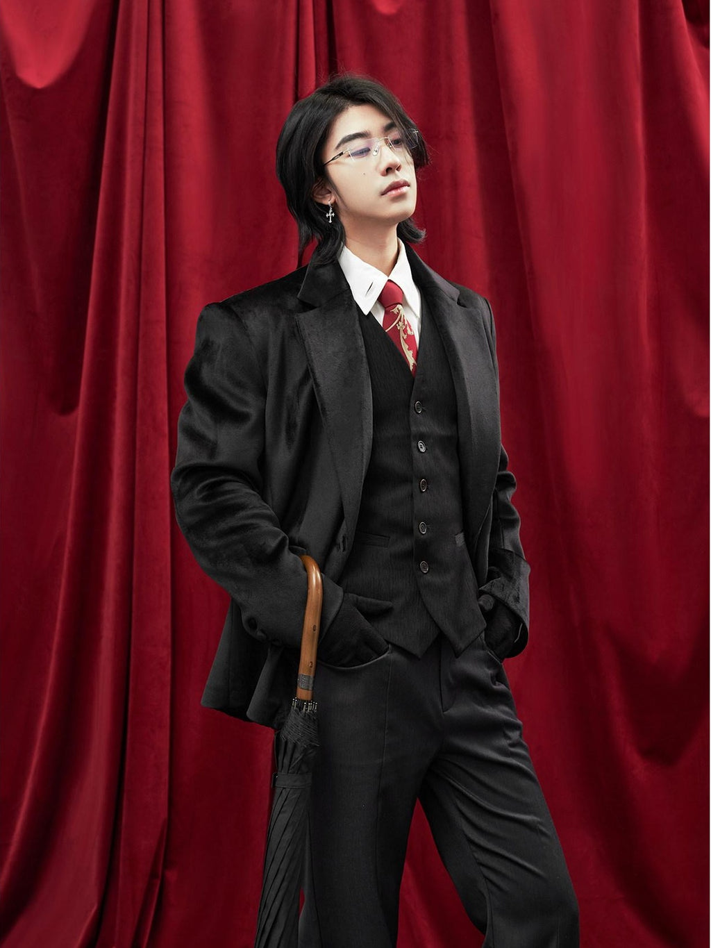 BALITONE Non Iron Elegant Tapered Button Detail Unisex Kids Black Velvet Blazers