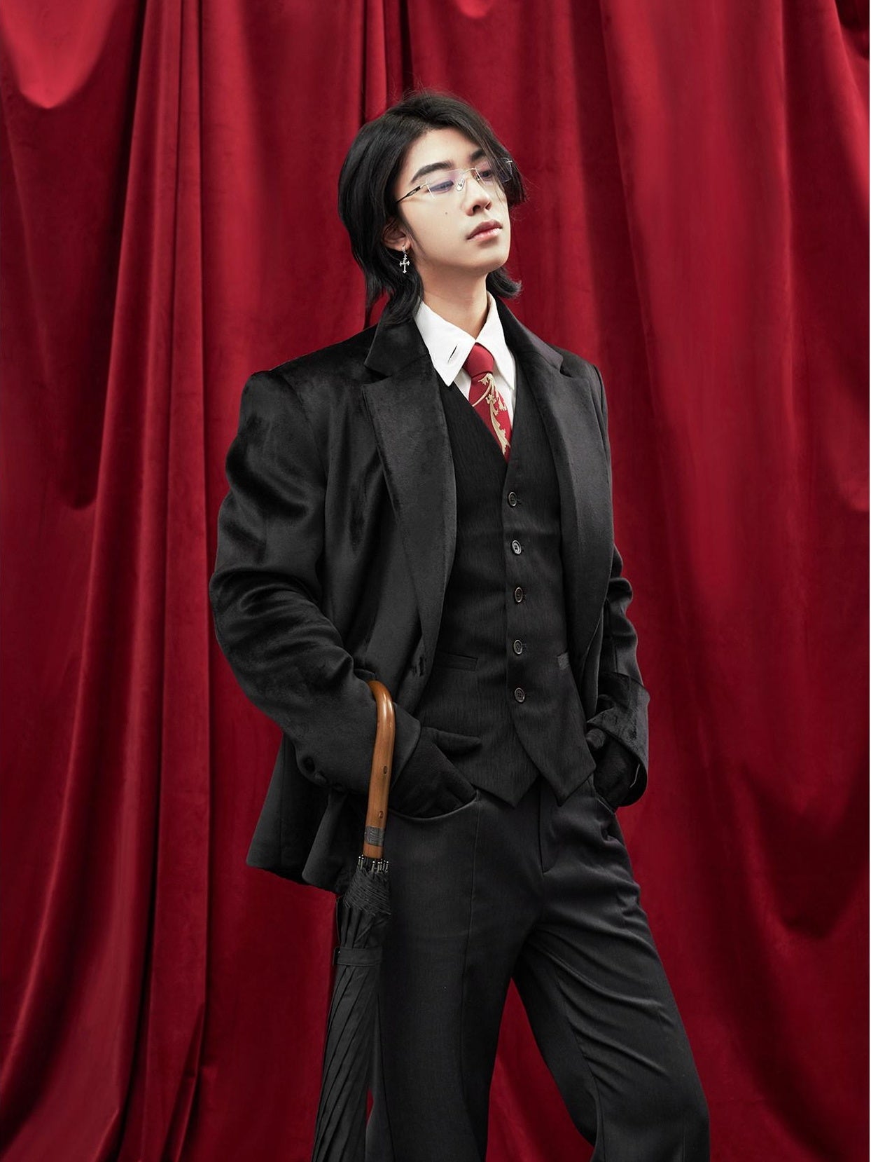 BALITONE Non Iron Elegant Tapered Button Detail Unisex Kids Black Velvet Blazers