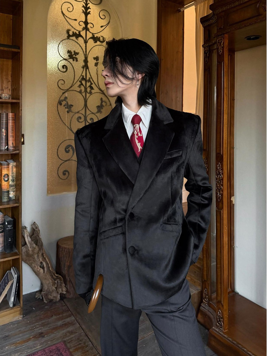 BALITONE Non Iron Elegant Tapered Button Detail Unisex Kids Black Velvet Blazers