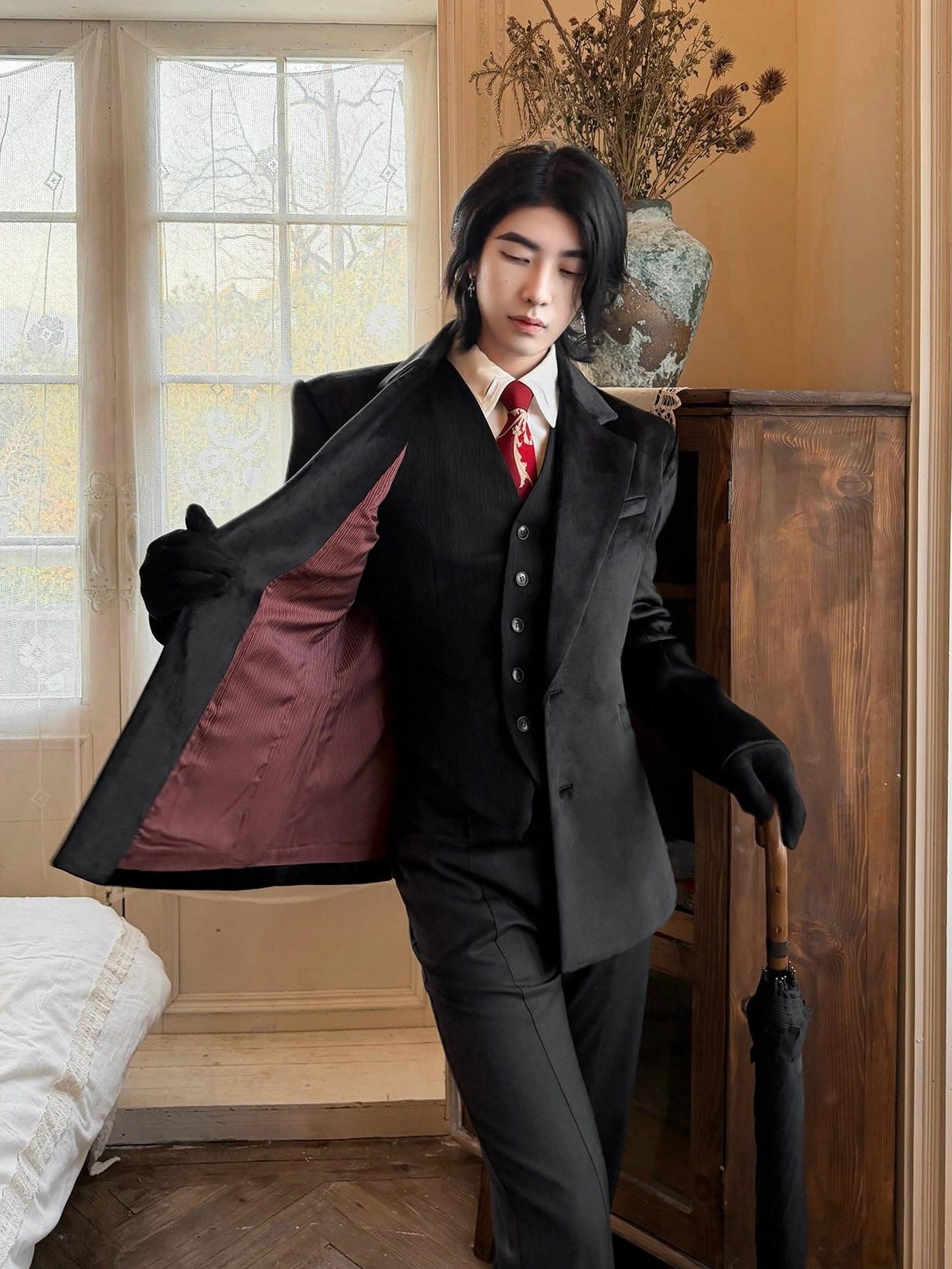 BALITONE Non Iron Elegant Tapered Button Detail Unisex Kids Black Velvet Blazers