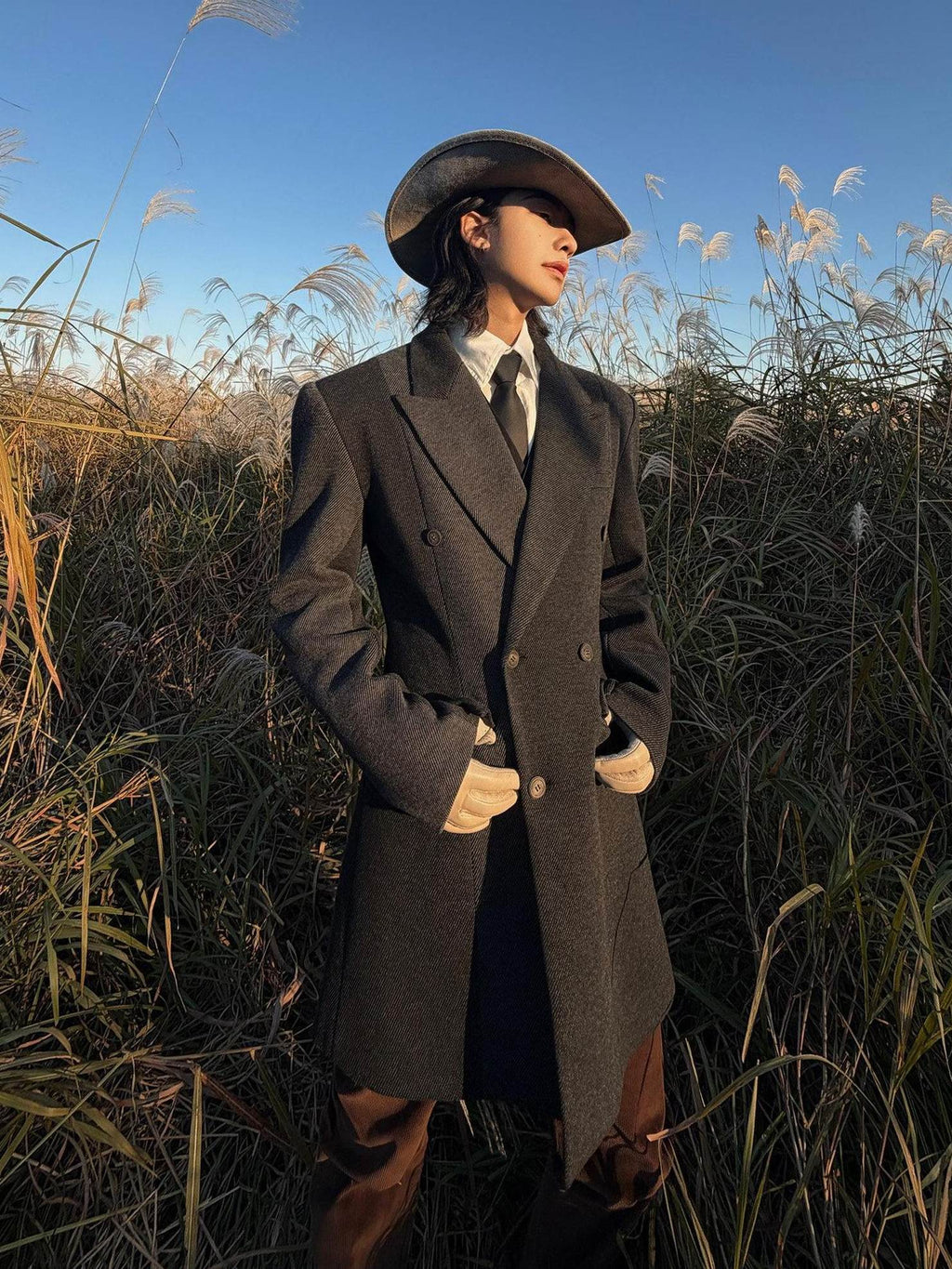 BALITONE Non Iron Slim Fit Colorblock Peaked Lapel Double Breasted Black Gray Overcoats