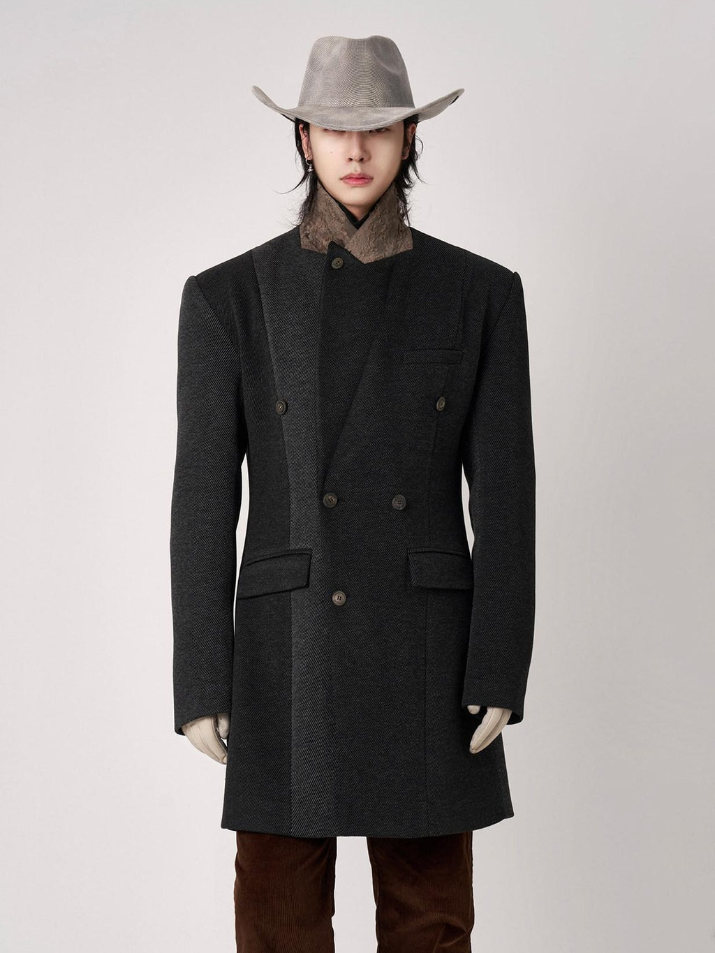 BALITONE Non Iron Slim Fit Colorblock Peaked Lapel Double Breasted Black Gray Overcoats