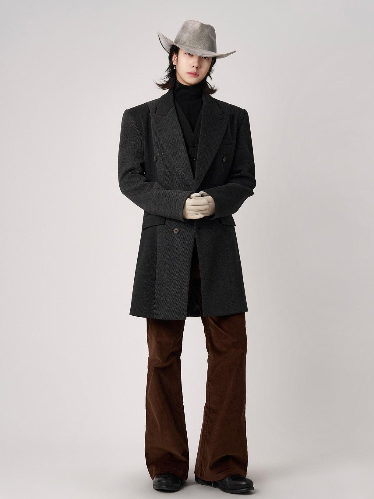 BALITONE Non Iron Slim Fit Colorblock Peaked Lapel Double Breasted Black Gray Overcoats