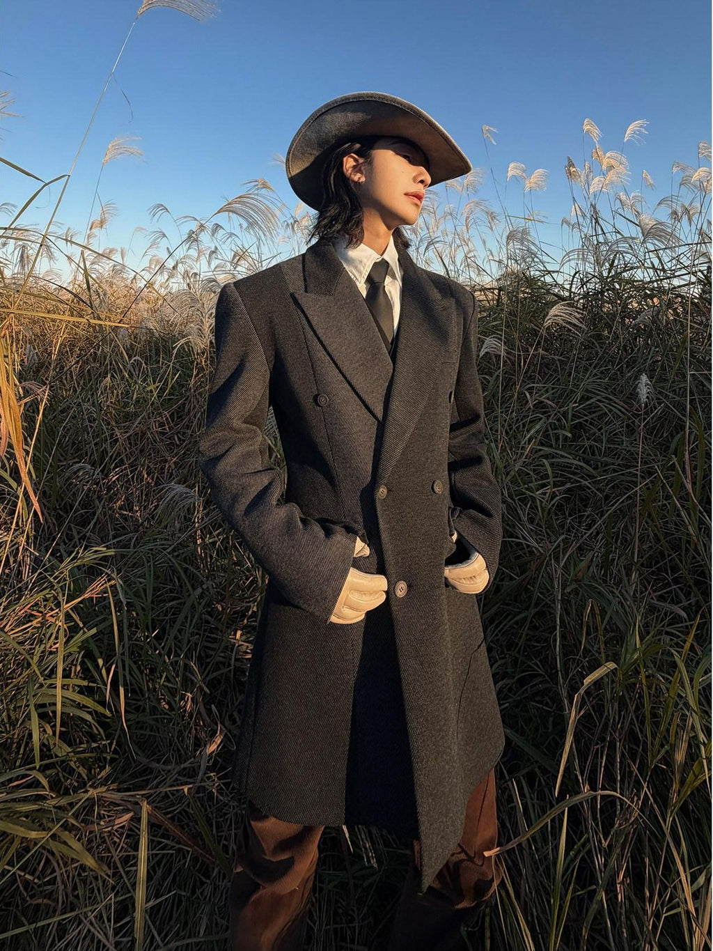 BALITONE Non Iron Slim Fit Colorblock Peaked Lapel Double Breasted Black Gray Overcoats