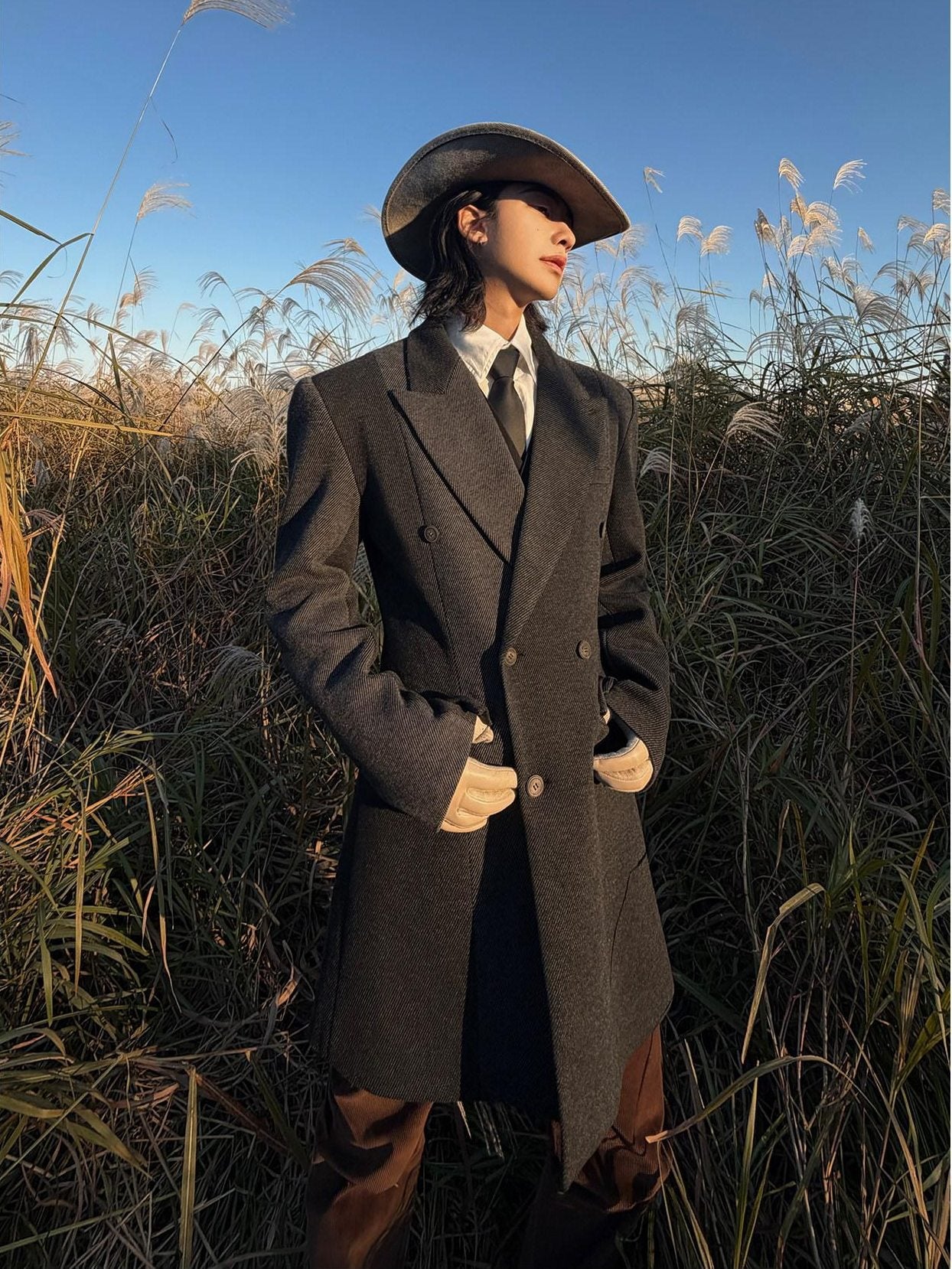 BALITONE Non Iron Slim Fit Colorblock Peaked Lapel Double Breasted Black Gray Overcoats