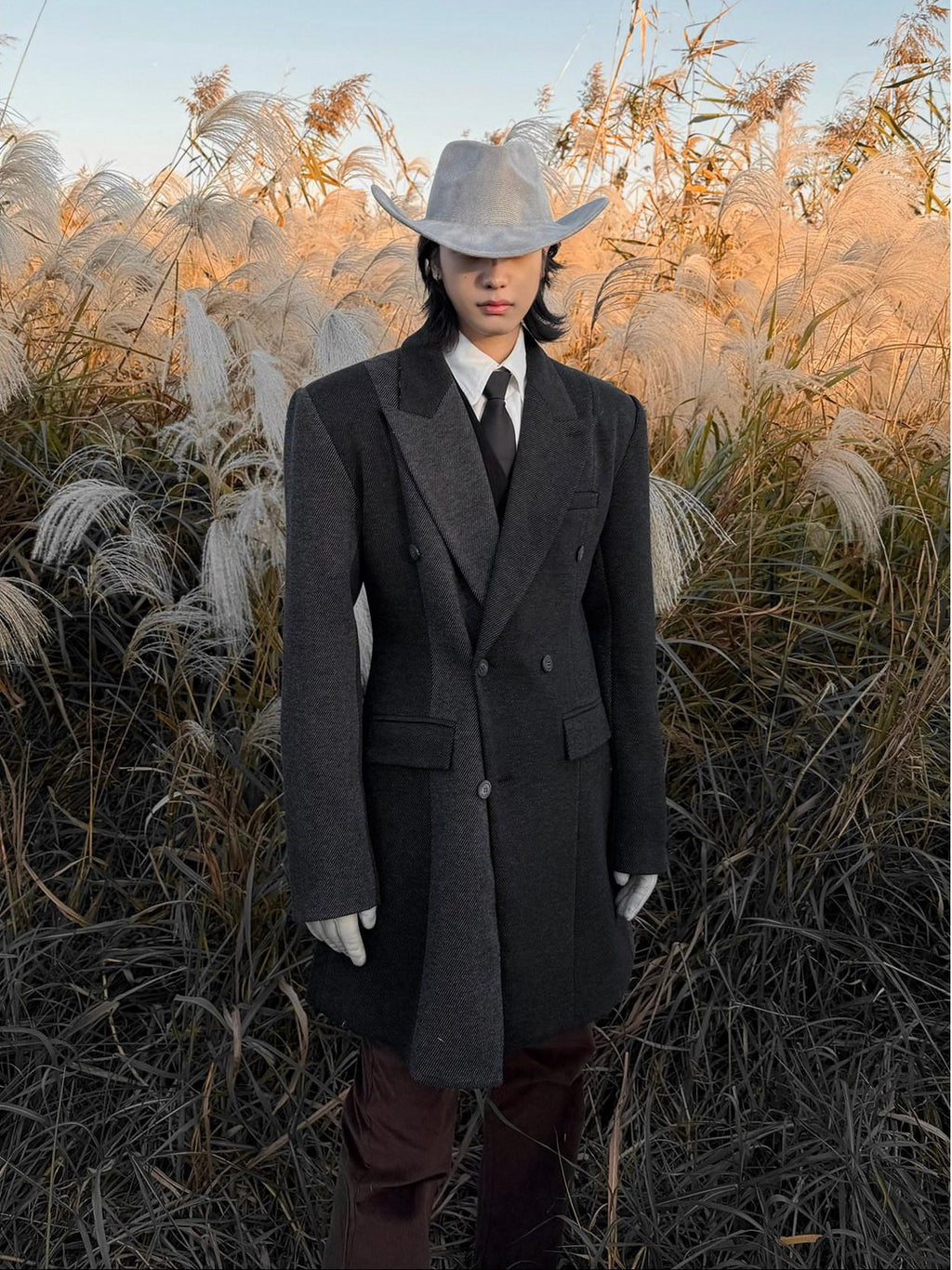BALITONE Non Iron Slim Fit Colorblock Peaked Lapel Double Breasted Black Gray Overcoats