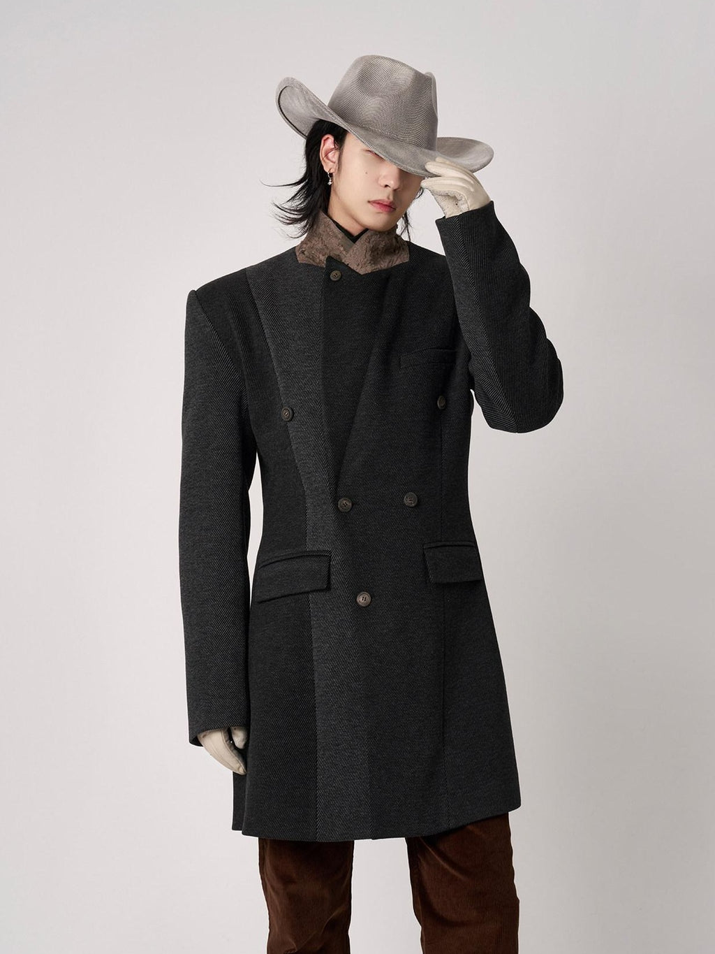 BALITONE Non Iron Slim Fit Colorblock Peaked Lapel Double Breasted Black Gray Overcoats