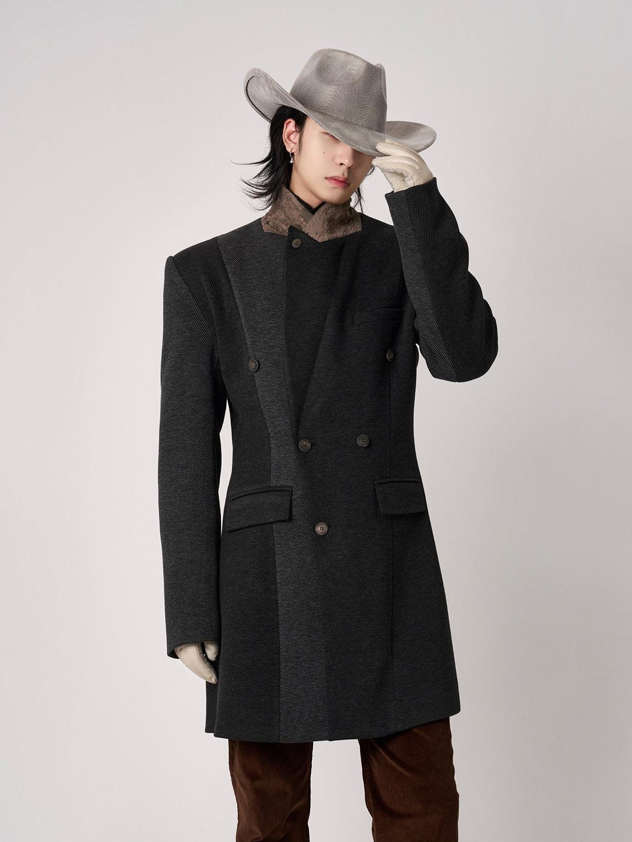 BALITONE Non Iron Slim Fit Colorblock Peaked Lapel Double Breasted Black Gray Overcoats