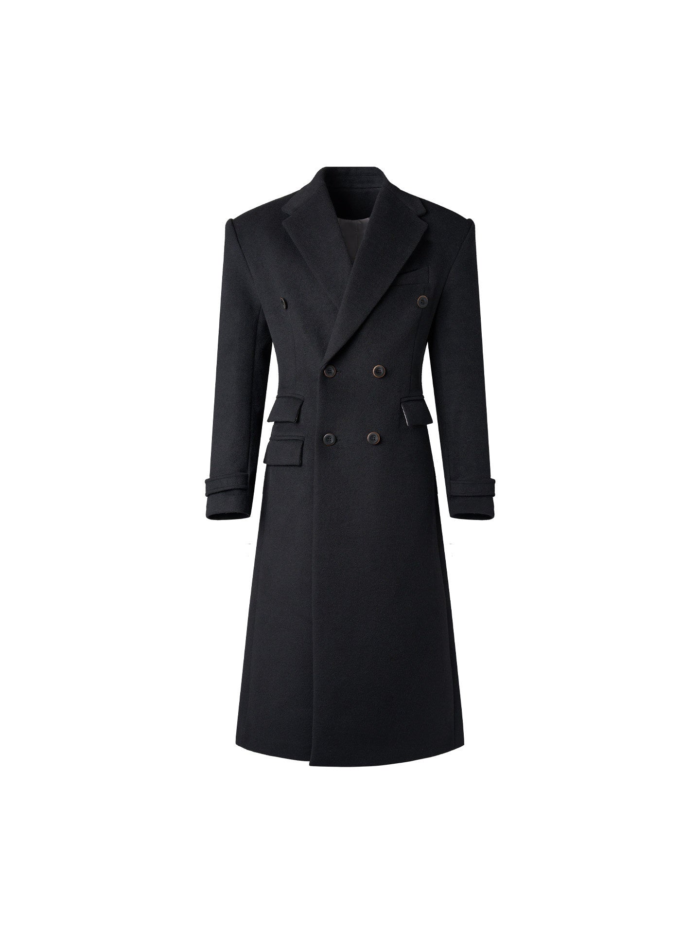 BALITONE_Non_Iron_Slim_Fit_Double_Breasted_Long_Coat_Flap_Pockets_Black_Wool_Coats_MISSTT