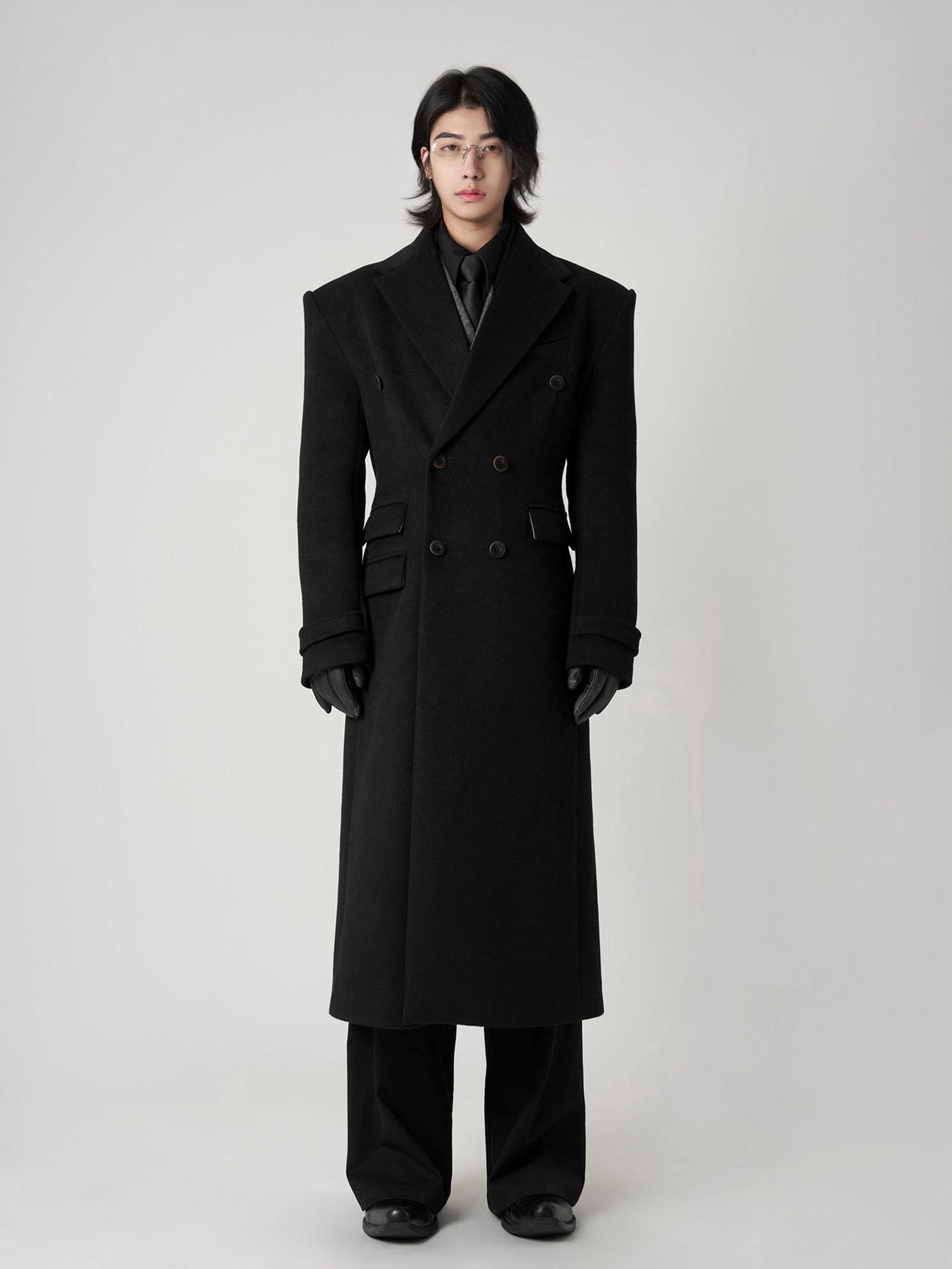 BALITONE Non Iron Slim Fit Double Breasted Long Coat Flap Pockets Black Wool Coats