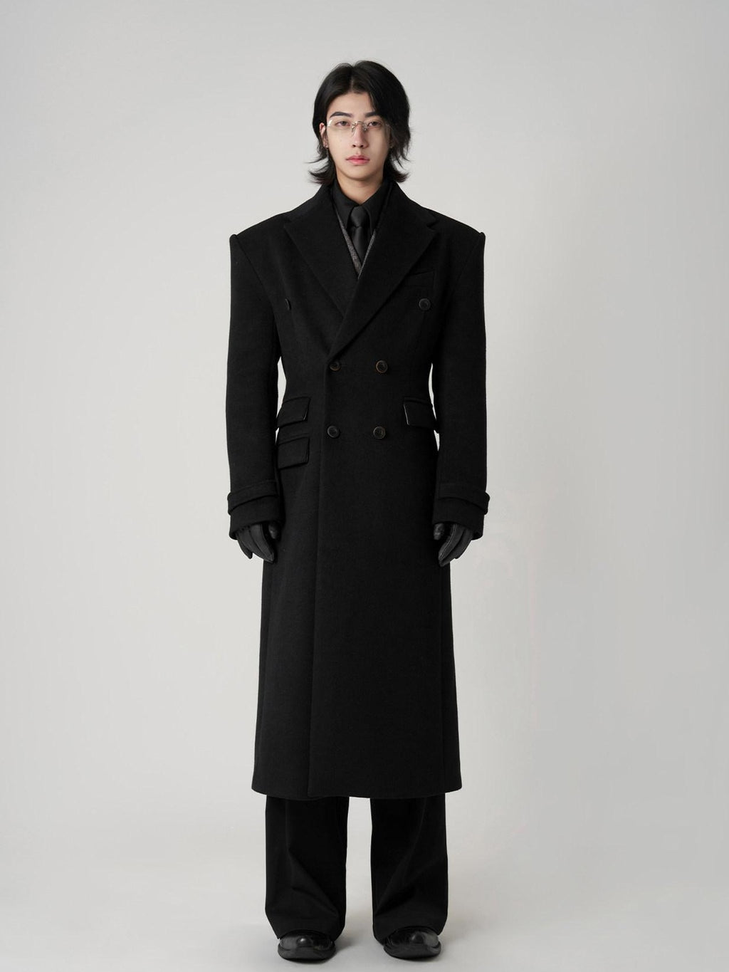 BALITONE Non Iron Slim Fit Double Breasted Long Coat Flap Pockets Black Wool Coats