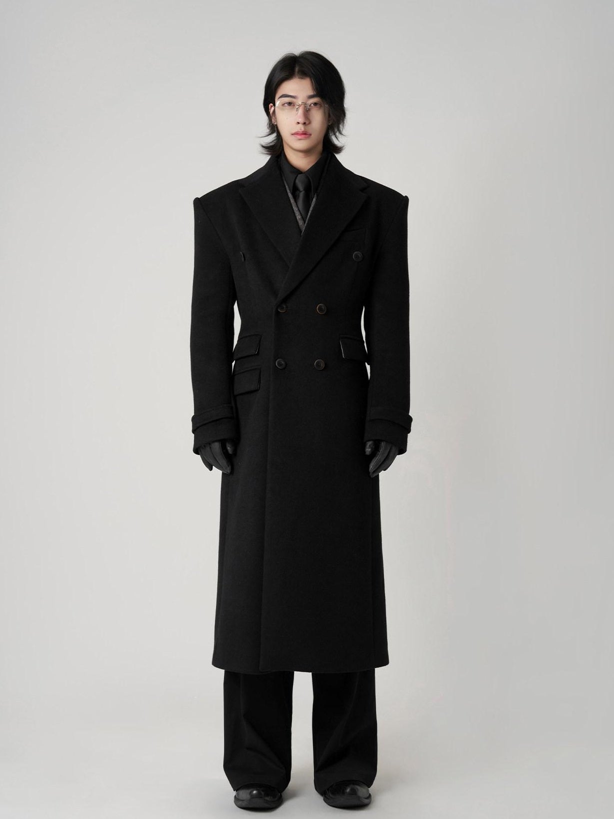 BALITONE Non Iron Slim Fit Double Breasted Long Coat Flap Pockets Black Wool Coats