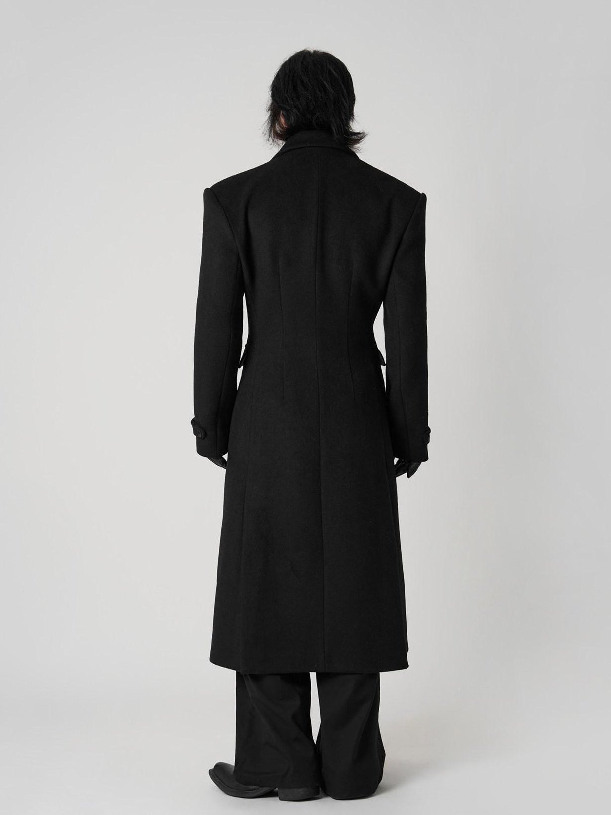 BALITONE Non Iron Slim Fit Double Breasted Long Coat Flap Pockets Black Wool Coats