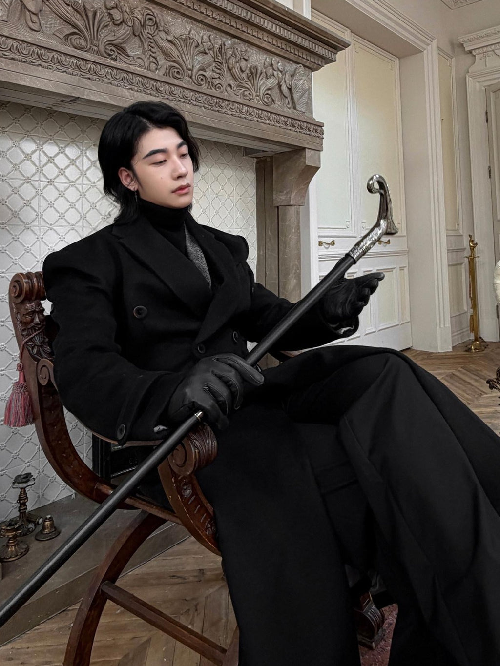 BALITONE Non Iron Slim Fit Double Breasted Long Coat Flap Pockets Black Wool Coats