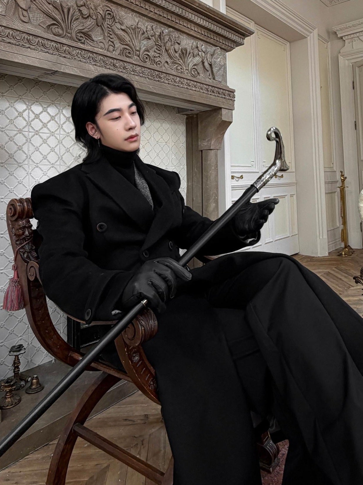 BALITONE Non Iron Slim Fit Double Breasted Long Coat Flap Pockets Black Wool Coats