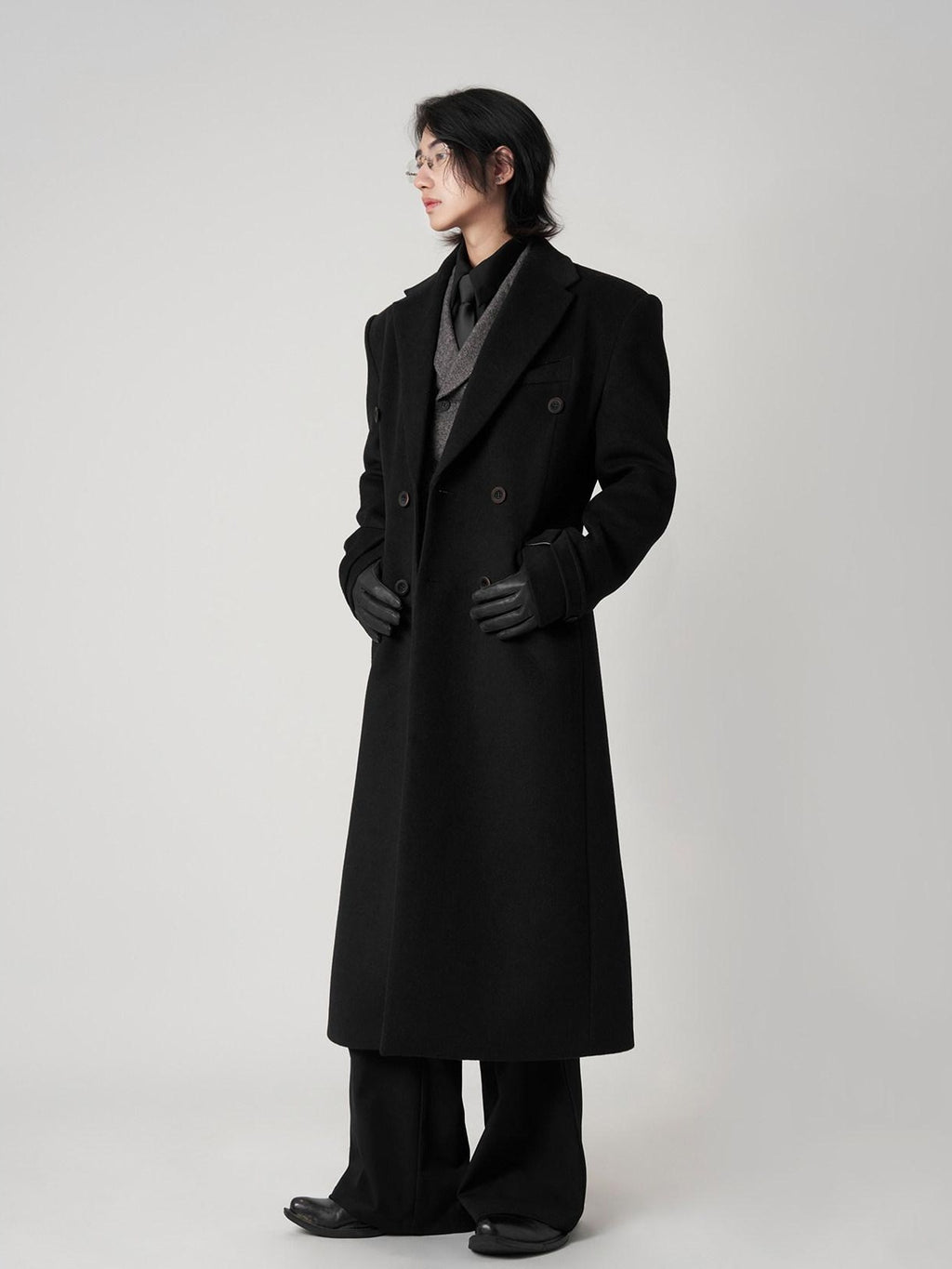 BALITONE Non Iron Slim Fit Double Breasted Long Coat Flap Pockets Black Wool Coats