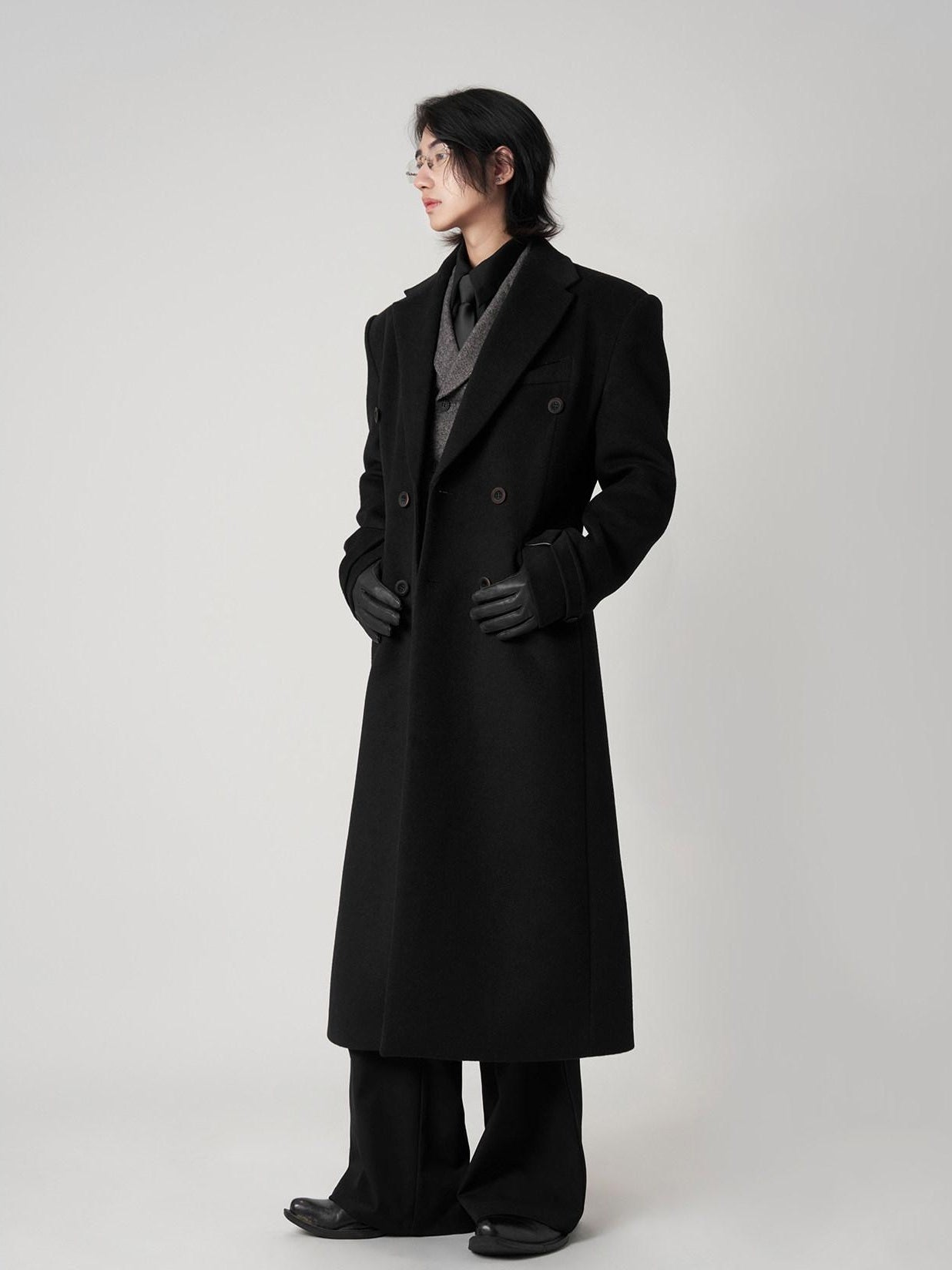 BALITONE Non Iron Slim Fit Double Breasted Long Coat Flap Pockets Black Wool Coats