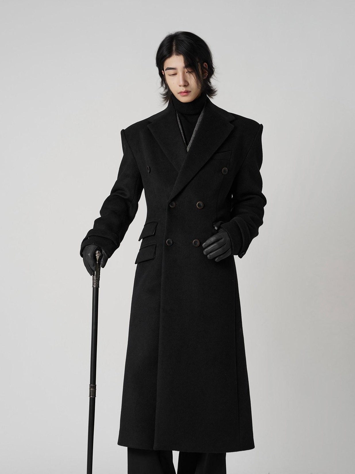 BALITONE Non Iron Slim Fit Double Breasted Long Coat Flap Pockets Black Wool Coats