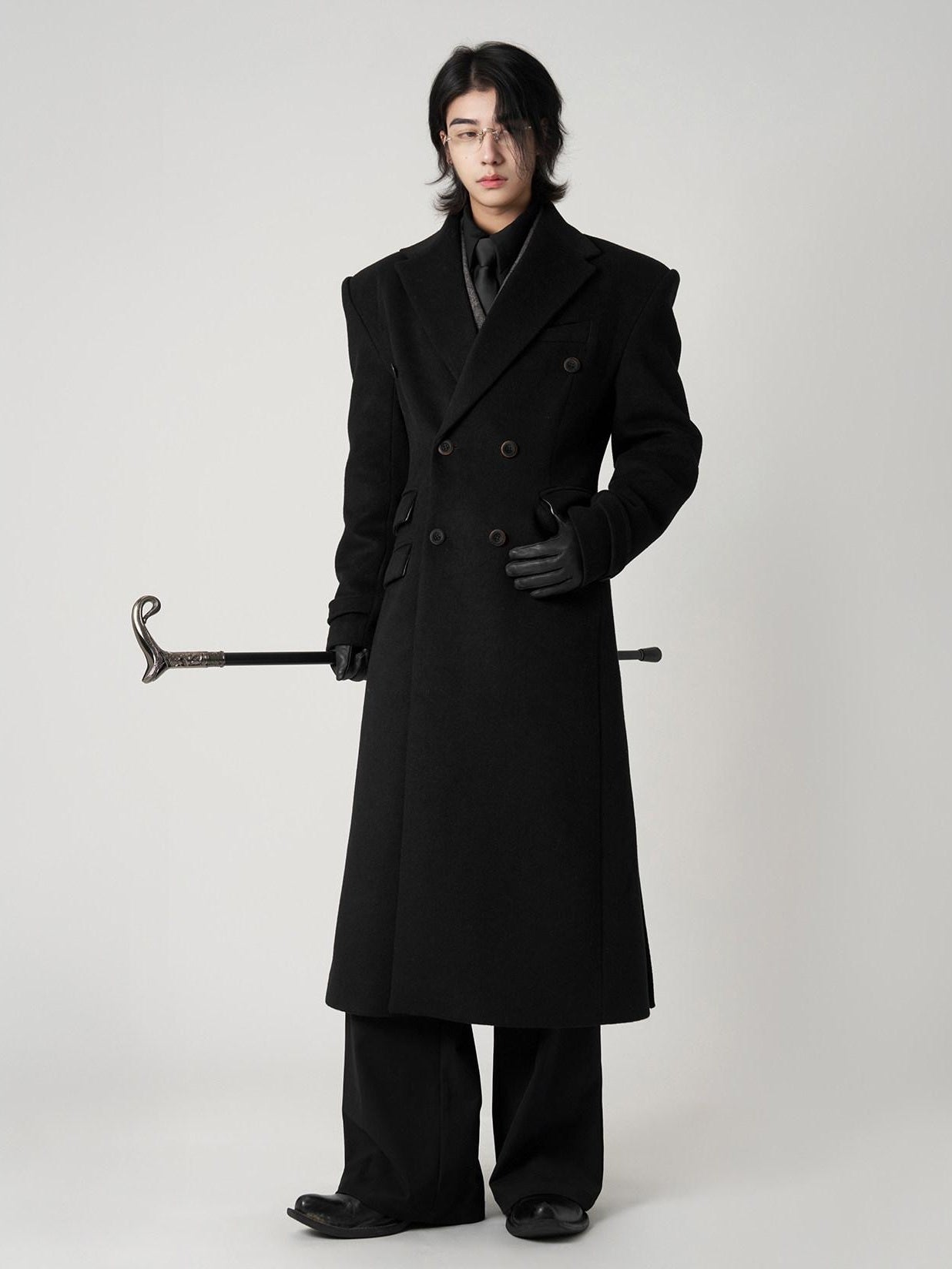 BALITONE Non Iron Slim Fit Double Breasted Long Coat Flap Pockets Black Wool Coats