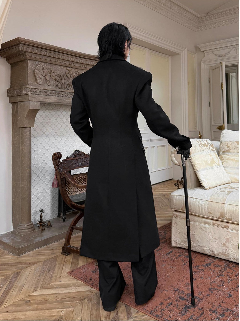 BALITONE Non Iron Slim Fit Double Breasted Long Coat Flap Pockets Black Wool Coats